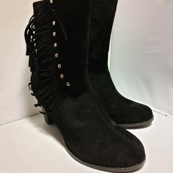 Shoes - Black Stud-Accent Fringe Ankle Boot